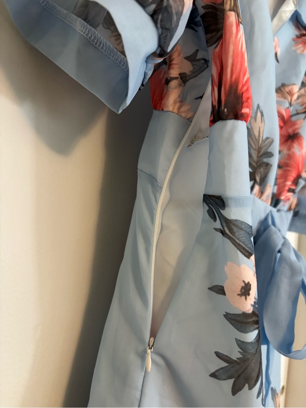 Light Blue Floral Wrap Dress with Tie Waist - Picture 4 of 4